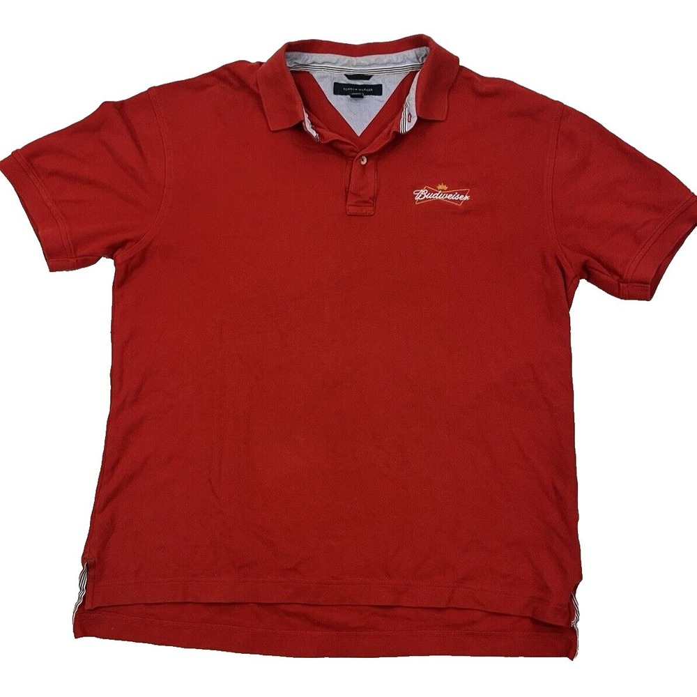 Vintage Tommy Hilfiger Budweiser Red Polo Golf Shirt Embroidered‎ Beer XL Y2K